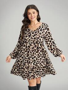 Comfylo 大码女式豹纹V领长袖休闲连衣裙 - 彩色 - 查看 6