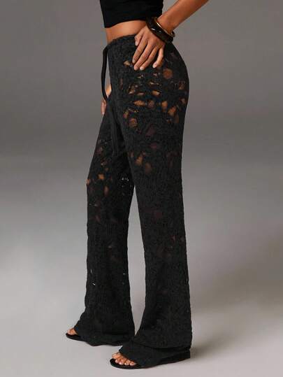 Athîral Women's Fashion Sexy Solid Color Hollow-Out Knitted Pants See Through Pants Lace Up Pants Lace Pants
