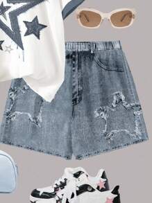 SHEIN Tween Girls Casual Minimalist Short Sleeve T-Shirt And Shorts 2 Pieces Set, Summer