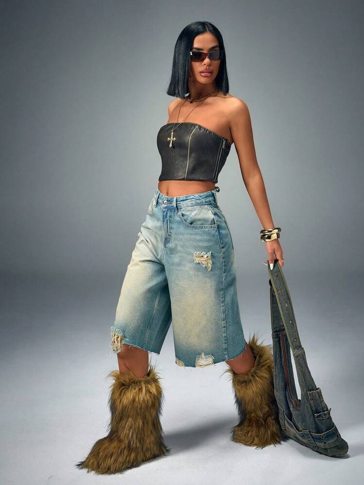 CasuGlow Women's Multi-Pocket Baggy Denim Shorts,Jorts, Casual Everyday - Blue - View 6