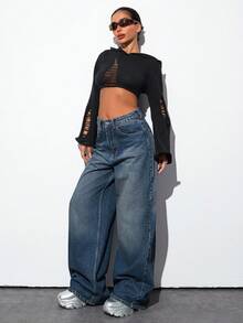 EURMUSE QUẦN JEAN NỮ ỐNG RỘNG EO VỪA - Rửa trung bình - Xem 6