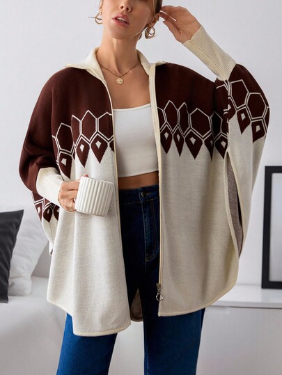 EURMUSE Bold Batwing Silhouette With Zip-Up Mock Neck And Striking Geometric Pattern - A Cozy-Chic Knit Cape For Standout Layering Women Cardigans Brown Cardigan Zip Up Cardigan Sweater Cardigan Geometric Cardigan,Petite,Tall