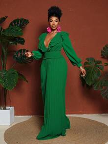 Maweii Geraffter Volant Taille Plissee Langarm Jumpsuit