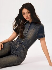 Rivivi 女式弹力牛仔喇叭腿连体裤 - 淺色水洗藍 - 查看 7