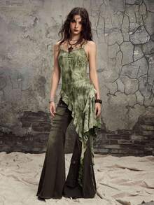 Grunge Punk Y2K Distressed Tie-Dye Asymmetrical Ruffle Hem Design Women Camisole - Army Green - View 4