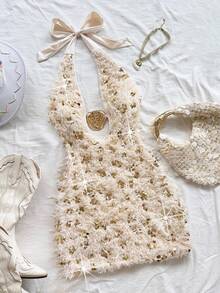 Soleia 女士新款亮片露背系带设计金属装饰迷你连衣裙，适合圣诞节、约会之夜、夜总会、海滩、游轮、下午茶、波西米亚风、波西米亚风、度假 - 杏色 - 查看 3