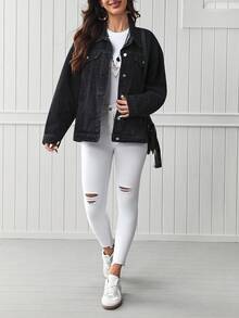 EMERY ROSE Button Up Drop Shoulder Denim Coat - Black - View 7