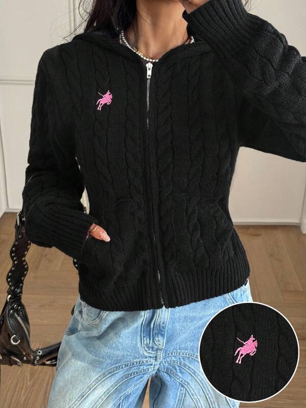 StreetHx Streetwear Women's Solid Color Cable Knit Zip-Up Cardigan, Autumn/Winter