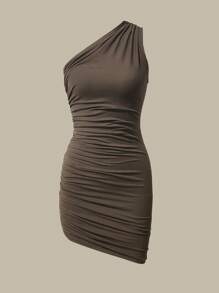 INAWLY Donna Vestito estivo senza maniche con colletto asimmetrico e plissé in tinta unita