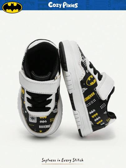 Cozy Pixies BATMAN X Cozy Pixies Baby Boy Spring/Autumn Low-Top Sneakers, DC Collaboration Fashion, Suitable For Daily Wear, Hook And Loop Easy On/Off, Non-Slip Durable Sole, Anti-Collision Toe Design, Stylish Shoes