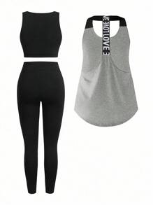 SHEIN Sports 女士休闲字母吊带背心、运动胸罩和紧身裤运动服套装，夏季女士健身套装运动套装女士健身服健身套装女士女士运动套装运动服套装健身夏季健身套装女士运动套装女士运动套装女士健身套装女士健身服健身房装女士健身套装健身服饰健身服运动服套装 - 彩色 - 查看 8