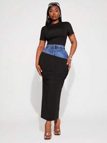 SHEIN SXY Set elegante, glamour e sexy da 2 pezzi in stile minimalista per donna, in effetto jeans con stampa patchwork, adatto per uso quotidiano, festival musicali, concerti, carnevale, vacanze al mare, appuntamenti, compleanni, addio al nubilato, discoteche, casual, shopping, uscite, facile da abbinare e snellente, che valorizza la figura.