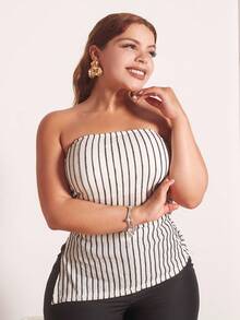 Lupita Cardoza Striped Print Split Hem Tube Top - Black and White - View 5