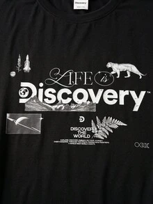 Discovery X SHEIN 男式字母与动物图案圆领短袖T恤 - 黑色 - 查看 4