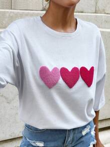 EURMUSE 100Cotton WHITE OVERSIZE Casual T-SHIRT WITH EMBROIDERY HEART DETAİL Travel Summer - White - View 2