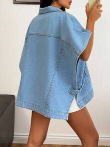 EURMUSE 97% Cotton Flap Pocket Button Front Denim Jacket Jeans Top Jean Shirt - Medium Wash - View 3