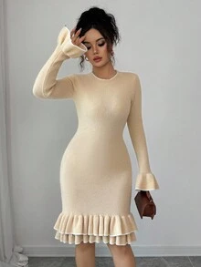 Elenzga Women's Autumn/Winter New Round Neck Double Ruffle Hem & Cuff Design Elegant Fitted Short Knit Dress, Versatile Fall Cloth For Women - Camel - View 4