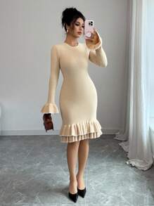 Elenzga Women's Autumn/Winter New Round Neck Double Ruffle Hem & Cuff Design Elegant Fitted Short Knit Dress, Versatile Fall Cloth For Women - Camel - View 5