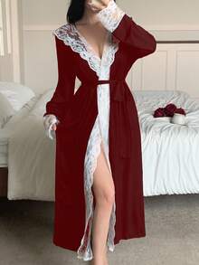 SHEIN 女士休闲优雅蕾丝拼接连帽浴袍，秋冬款 - 酒紅色 - 查看 3