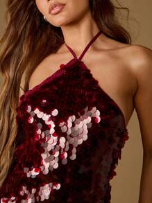 MISSGUIDED Đầm dạ hội mini cổ yếm, đính sequin lấp lánh, hở lưng, thích hợp cho tiệc tùng, lễ hội, đêm giao thừa, tiệc tùng sang trọng ôm sát cơ thể. - Màu Hoa hồng đỏ - Xem 6