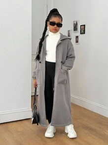 Sparklyn 青少年女孩休闲百搭多功能居家、学校、运动收腰仿毛领长夹克，秋冬秋季 - 灰色 - 查看 4