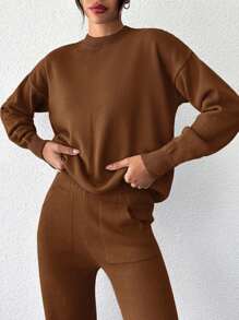 SHEIN Cottnline Women's Solid Color Round Neck Drop Shoulder Sweater And Knitted Straight Pants 2pcs/Set - Rust Brown - View 6