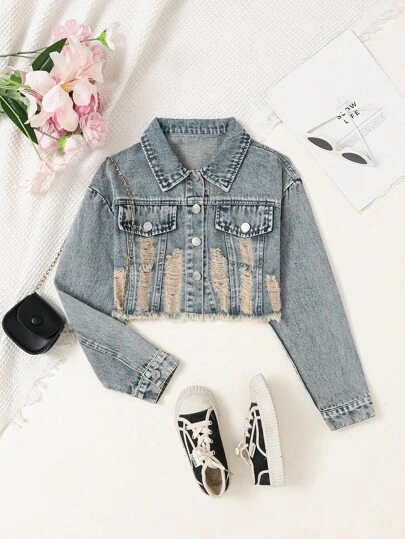 Chaquetas y abrigos de mezclilla para niñas preadolescentes, nueva colección de otoño/invierno, estilo Y2K, color lavado vintage, detalles desgastados, moda casual y versátil de calle, chaqueta de manga larga cropped de tela suave lavada y estilo universitario vintage