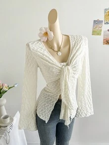 Soleia Women's Cream White & Apricot Textured Knit V-Neck Tie Waist Flare Sleeve Blouse, Suitable For Holiday, Date, Afternoon Tea, Beach, Cruise, Island Vacation, City Trip, Music Festival, Boho Vacation