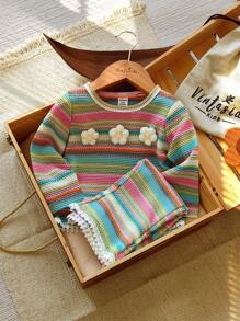 Vintaside Kids 2 pièces Ensemble Top à manches longues avec décor crocheté à rayures arc-en-ciel et floral et pantalon évasé à taille élastique pour bébé fille, avec garniture à franges, tenue décontractée chic pour l'automne, convient pour de multiples occasions