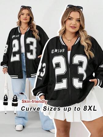 SHEIN CURVE+ 大码女式 23 数字印花宽松大码夹克，返校大码外套女式秋季服装，冬季，CURVE PLUS 秋冬