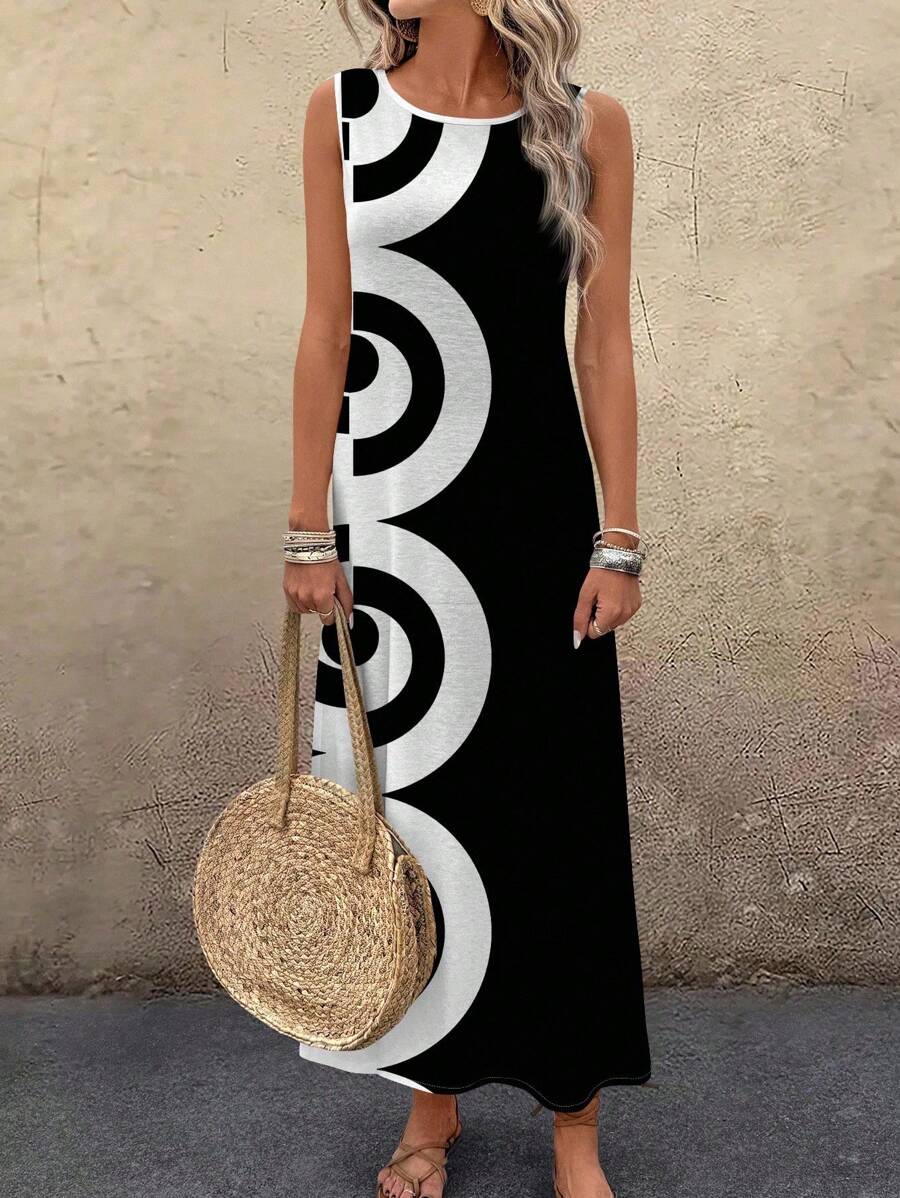 EMERY ROSE Plus Size Music Festival Geometric Print Round Neck Loose Long Dress With Thick Straps, Suitable For Spring/Summer Holidays Chic Dress - Multicolor - View 1