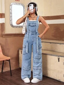 SHEIN PETITE Peto vaquero casual lavado para mujer - Azul - Ver 8