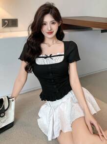 DAZY Women Contrast Color Bow Casual Short Sleeve T-Shirt Summer