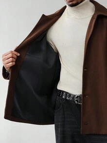 Manfinity Homme 男士纯色插肩袖单排扣休闲大衣，送给男友的绝佳礼物，返校季男士棕色衬衫式夹克，男士外套，复古风格，秋冬款 - 咖啡棕 - 查看 8