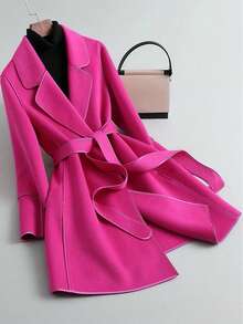 SHEIN Clasi 大码女式纯色做旧翻领长袖优雅羊毛大衣 - 玫紅色 - 查看 5