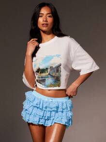 Athîral Shorts de verano para mujer estilo "balletcore" con lazo dulce, contraste de malla, encaje con volantes y talle bajo, mini shorts de verano para playa y vacaciones - Azul - Ver 4