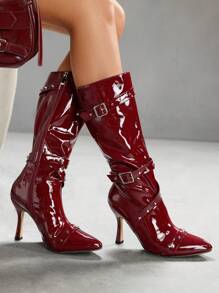 CUCCOO SZL 女士尖头细高跟鞋勃艮第红系带铆钉装饰时尚性感个性及膝靴，适合秋冬季 - 酒紅色 - 查看 5