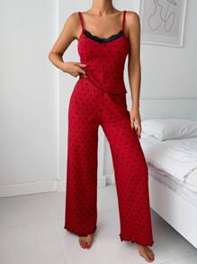EURMUSE 2Pcs Cotton Red Heart Pattern  Trim Cami Top With Lace Detail Homewear Set