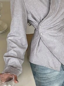 DAZY 女士纯色修身斜领褶皱长袖休闲优雅衬衫，秋冬，秋季女装 - 紫色 - 查看 3