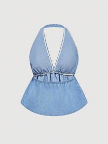 SHEIN MOD 女式性感露背挂脖牛仔衬衫，夏季 - 藍色 - 查看 2