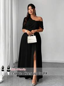 SHEIN CURVE+ 大码女式优雅浪漫婚礼宾客礼服，轻盈雪纺单肩开衩长裙，适合派对 - 黑色 - 查看 1