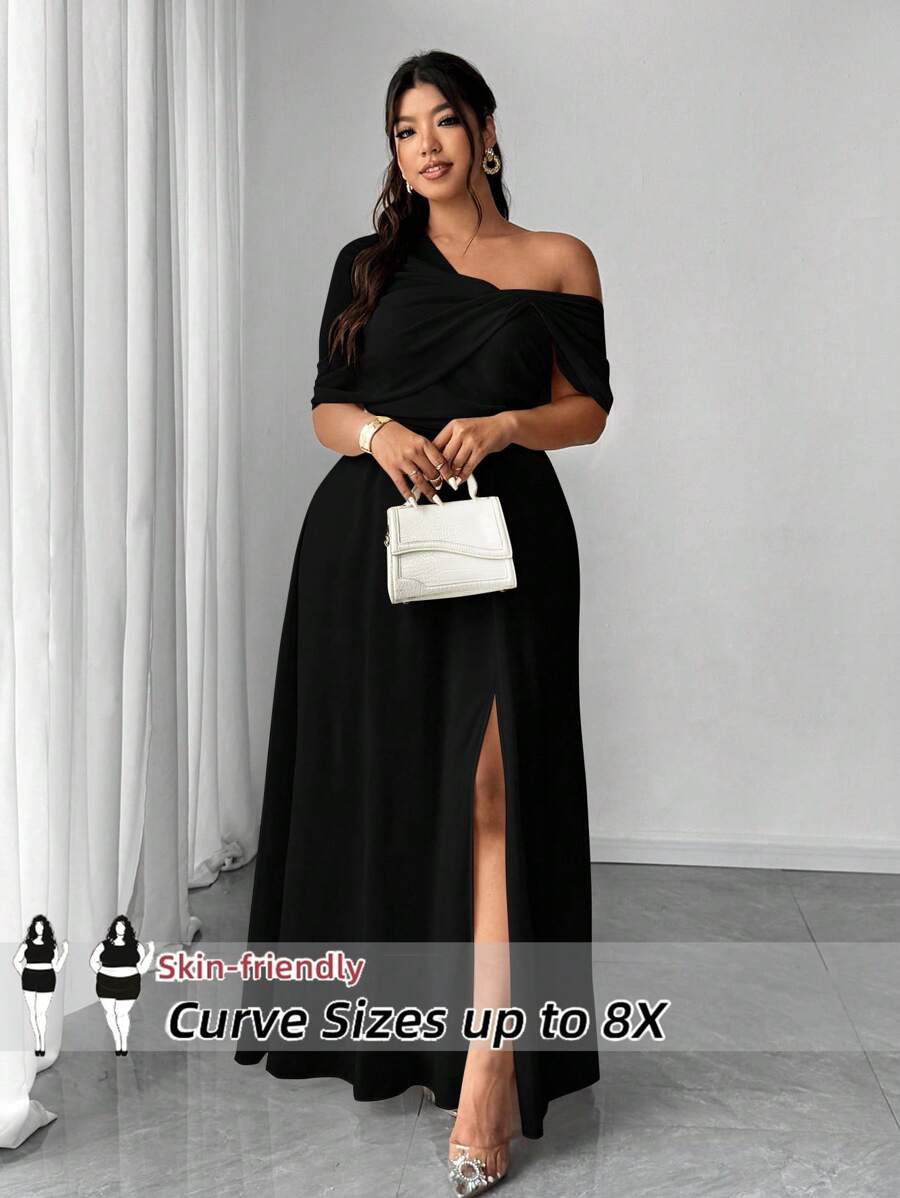 SHEIN CURVE+ 大码女式优雅浪漫婚礼宾客礼服，轻盈雪纺单肩开衩长裙，适合派对 - 黑色 - 查看 1