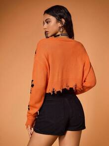 Shutterstock Y2Kool Women's Distressed Cross Jacquard Cropped Sexy Sweater, Orange Knit Top Suitable For Halloween Party, Back To School, Autumn/Winter Y2K Streetwear Casual Stylish Collection New Year - Orange - View 2