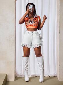 Slaydiva Pantaloncini di jeans casual da donna con orlo a frange, colore tinta unita, estivi