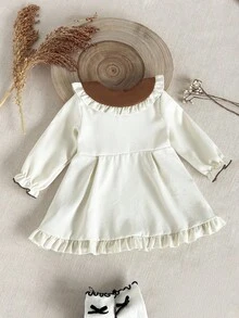 SHEIN 女婴秋季可爱褶边 A 字形连衣裙，长袖大翻领蝴蝶结装饰 - 彩色 - 查看 2