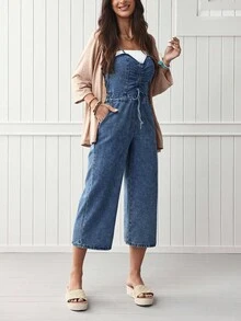 EMERY ROSE 女式前抽绳阔腿休闲牛仔连身裤 - 中等水洗藍 - 查看 6