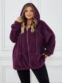 SHEIN CURVE+ Women's Plus Size Thermal Lined Hooded Zip-Up Jacket, Autumn/Winter Fall/Autumn /Winter - Purple - View 8