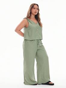 Solavibe Plus Size 2pcs Set: Textured Twist Front Tank Top Shirt And Straight Leg Casual Pants, Holiday
