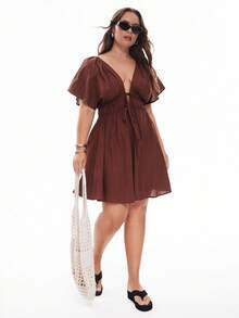 Solavibe Plus Size Casual Vacation Textured Ruffle Sleeve V-Neck Tied Waist Dress,Summer Dresses For Women,Dresses Casual
