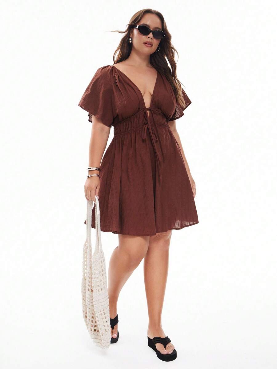 Solavibe Plus Size Casual Vacation Textured Ruffle Sleeve V-Neck Tied Waist Dress,Summer Dresses For Women,Dresses Casual